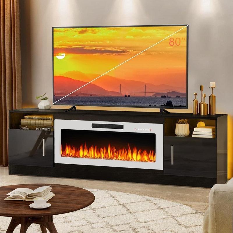 Beyaz MDF Aynalı LED Işıklı Şömineli TV Ünitesi - 178 cm - 221113