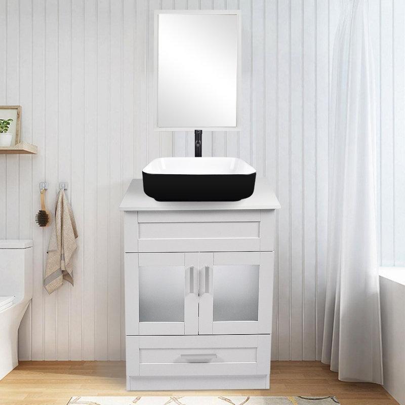 Beyaz MDF Aynalı ve Çekmeceli Ayaklı Banyo Lavabo Dolabı Seti - 60 cm - 199699