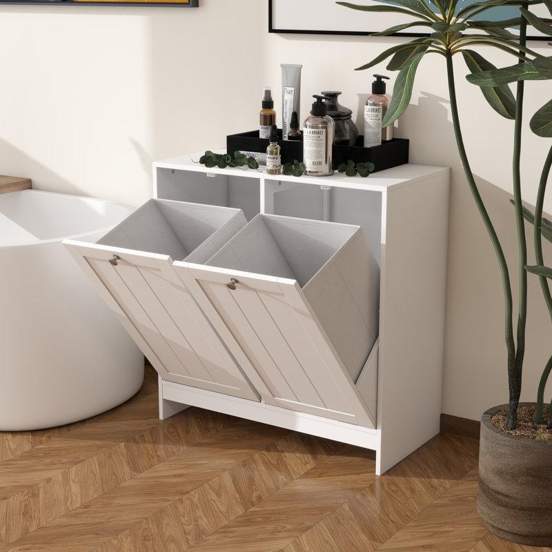 Beyaz MDF Çift Bölmeli Eğik Açılır Dolaplı Çamaşır Sepeti - 66x33x69 cm - 187366
