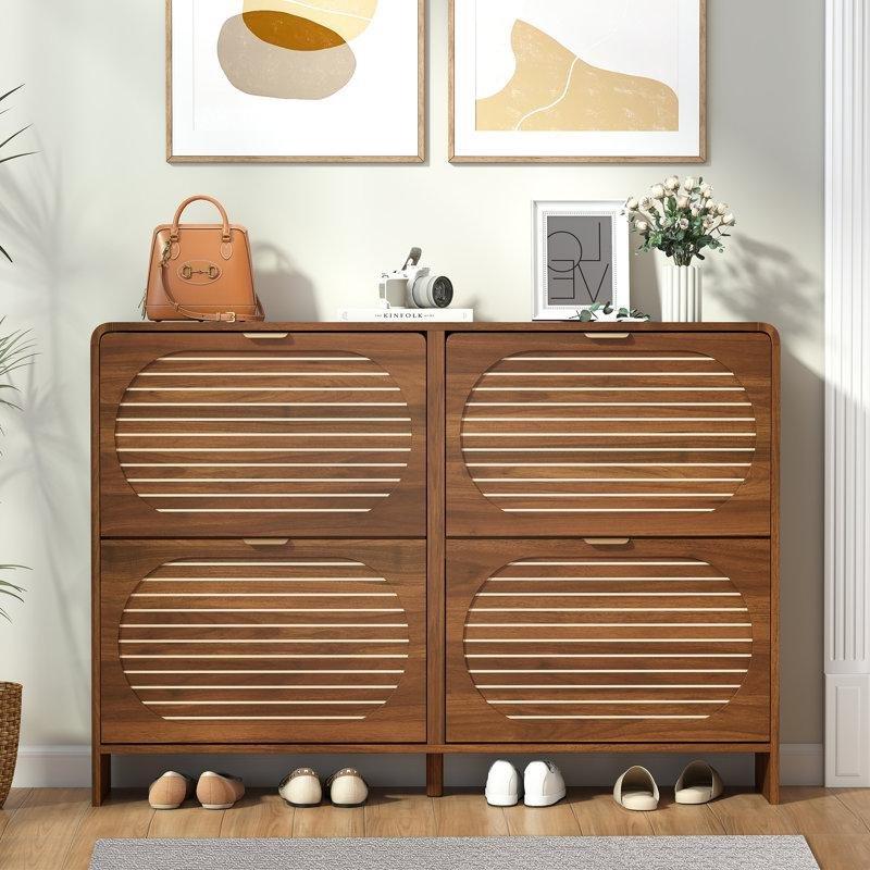 Beyaz MDF Çizgili Desenli Düşer Kapaklı Ayakkabılık - 120x25x85 cm - 229745