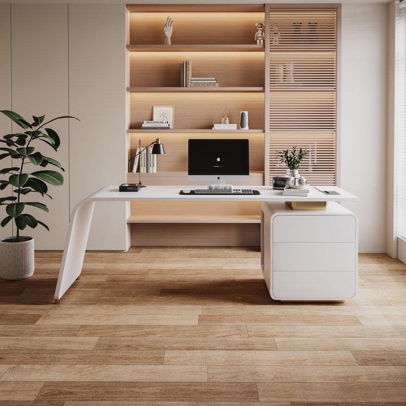 Beyaz MDF Dahili Prizli Çekmeceli Dolaplı Yönetici Ofis Masası - 161 cm - 177052