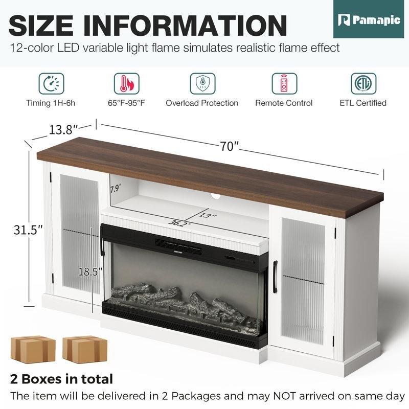 Beyaz MDF Dikey Çizgili Cam Kapaklı Elektrikli Şömineli TV Ünitesi - 178 cm - 221037