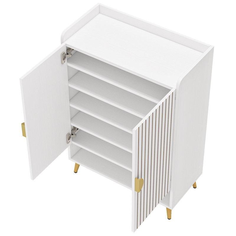 Beyaz MDF Dikey Gold Şeritli Metal Ayaklı Çift Kapaklı Ayakkabılık - 109x73x35 cm - 228097
