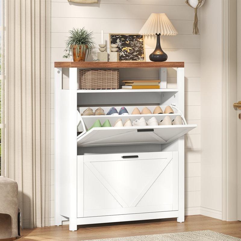 Beyaz MDF Düşer Kapaklı Ahır Kapılı Açık Raflı Ayakkabılık - 77 cm - 228345