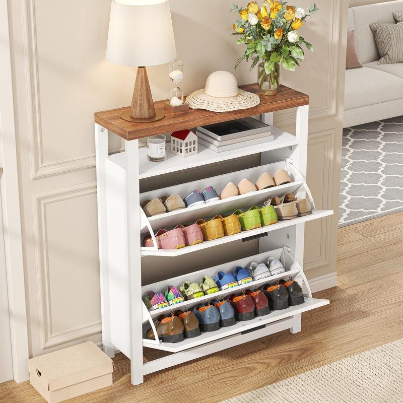 Beyaz MDF Düşer Kapaklı Ahır Kapılı Açık Raflı Ayakkabılık - 77 cm - 228345