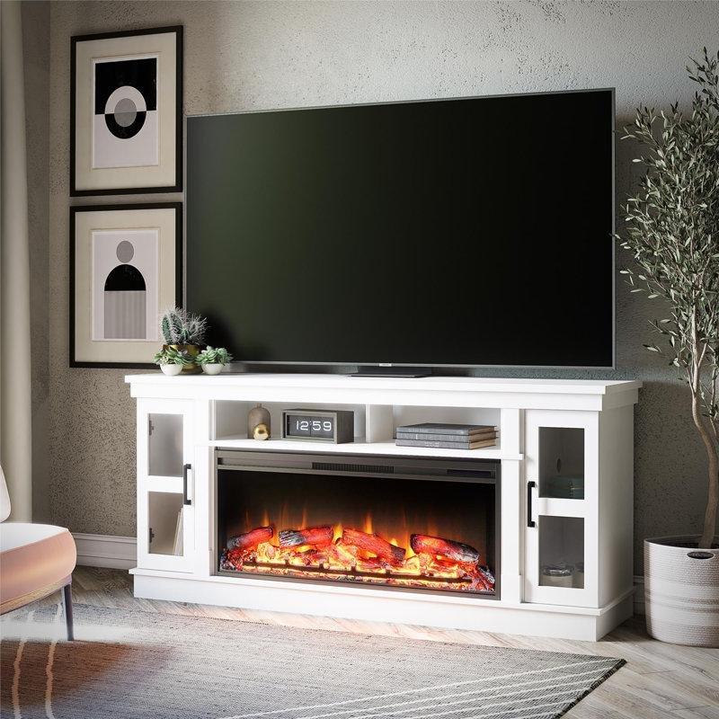 Beyaz MDF Elektrikli Şömineli Cam Kapaklı TV Ünitesi - 178 cm - 220514