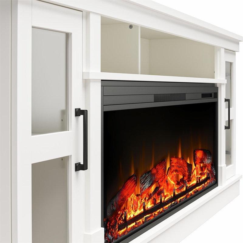 Beyaz MDF Elektrikli Şömineli Cam Kapaklı TV Ünitesi - 178 cm - 220514