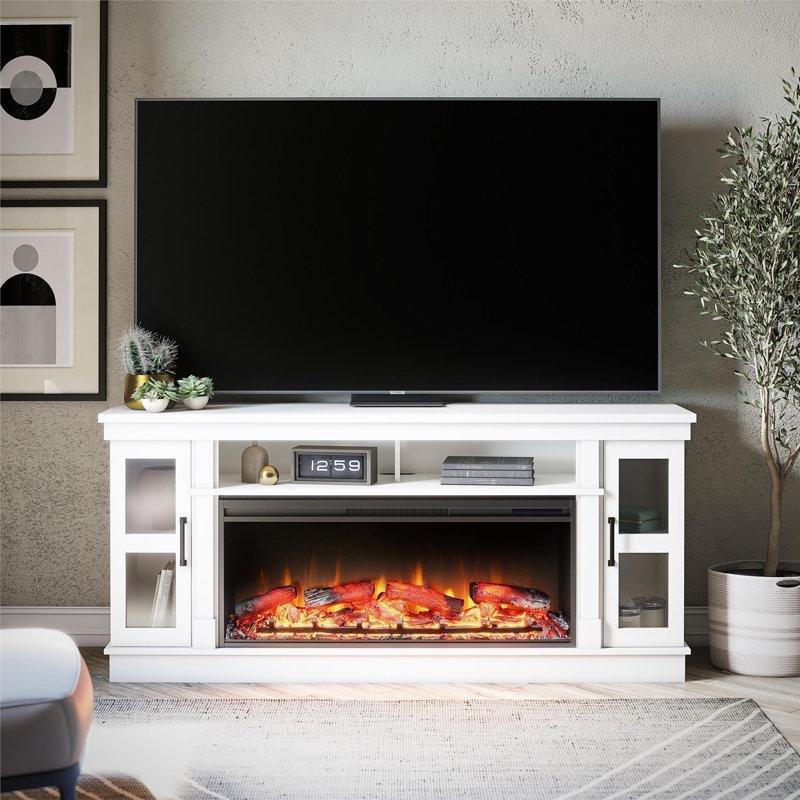 Beyaz MDF Elektrikli Şömineli Cam Kapaklı TV Ünitesi - 178 cm - 220514