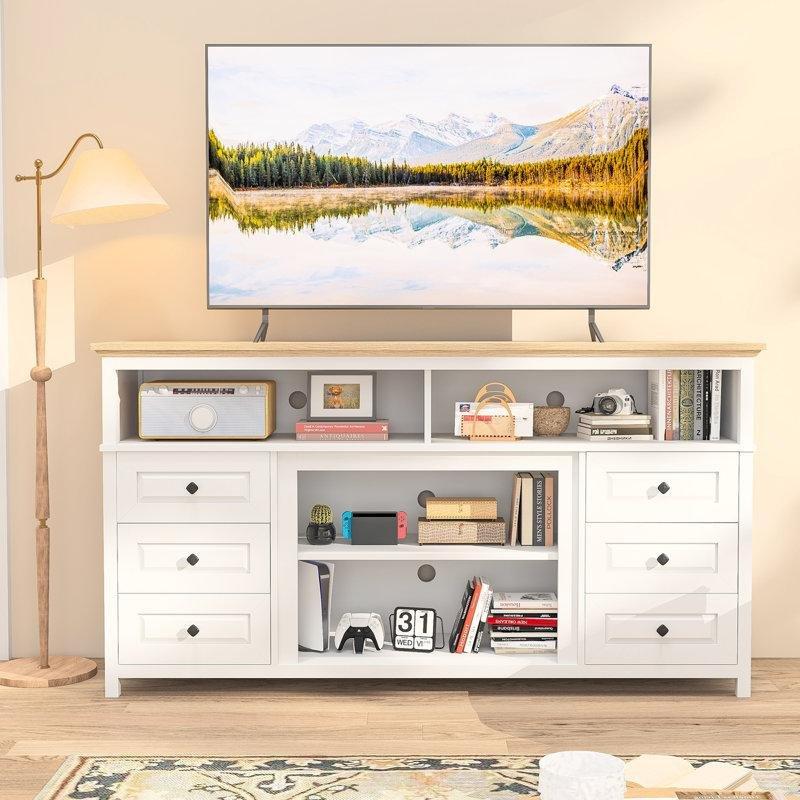 Beyaz MDF Elektrikli Şömineli LED Işıklı 6 Çekmeceli TV Ünitesi - 152 cm - 221460