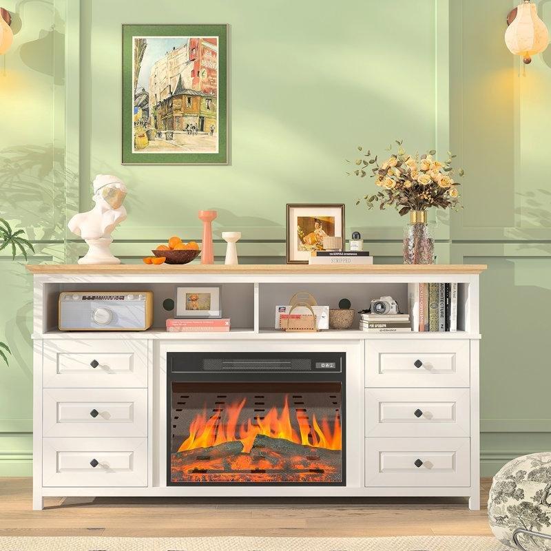 Beyaz MDF Elektrikli Şömineli LED Işıklı 6 Çekmeceli TV Ünitesi - 152 cm - 221460