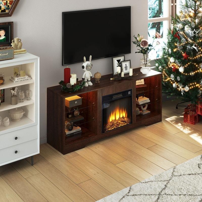 Beyaz MDF Elektrikli Şömineli LED Işıklı USB Portlu Tv Ünitesi - 148 cm - 221026