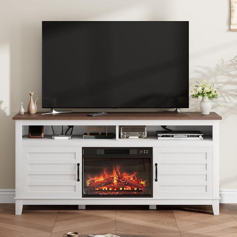 Beyaz MDF Elektrikli Şömineli ve Dolaplı TV Ünitesi - 159 cm - 221033