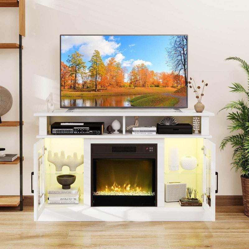 Beyaz MDF Elektrikli Şömineli ve LED Aydınlatmalı Tv Ünitesi - 122 cm - 220349