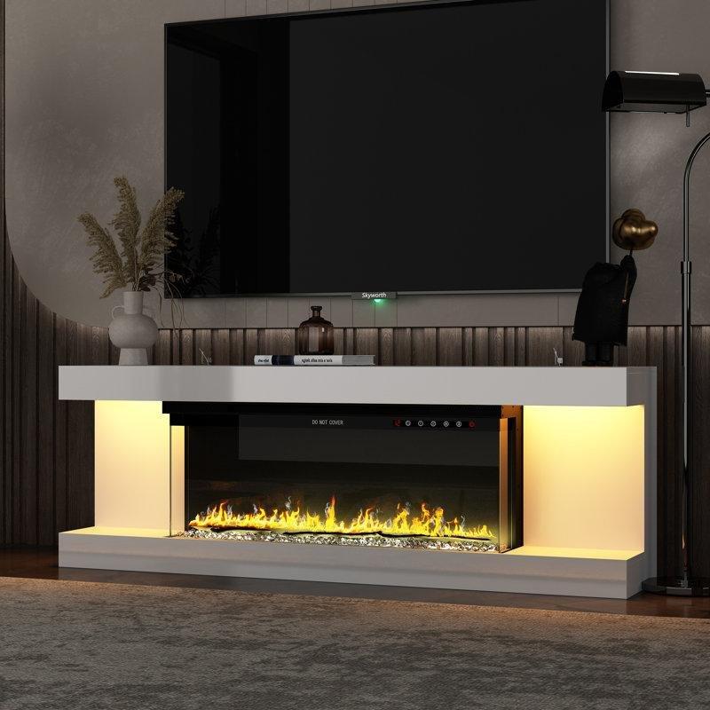 Beyaz MDF Elektrikli Şömineli ve LED Aydınlatmalı TV Ünitesi - 169 cm - 220506