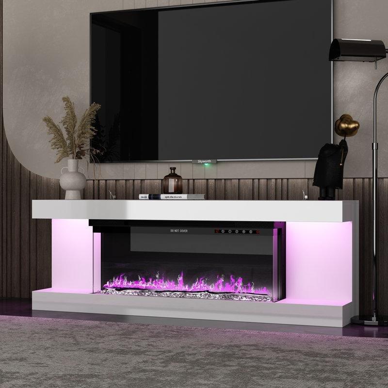 Beyaz MDF Elektrikli Şömineli ve LED Aydınlatmalı TV Ünitesi - 169 cm - 220506