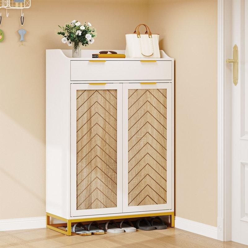 Beyaz MDF Geometrik Desenli Çekmeceli Gold Kulplu Ayakkabılık Dolabı - 73x111 cm - 229516
