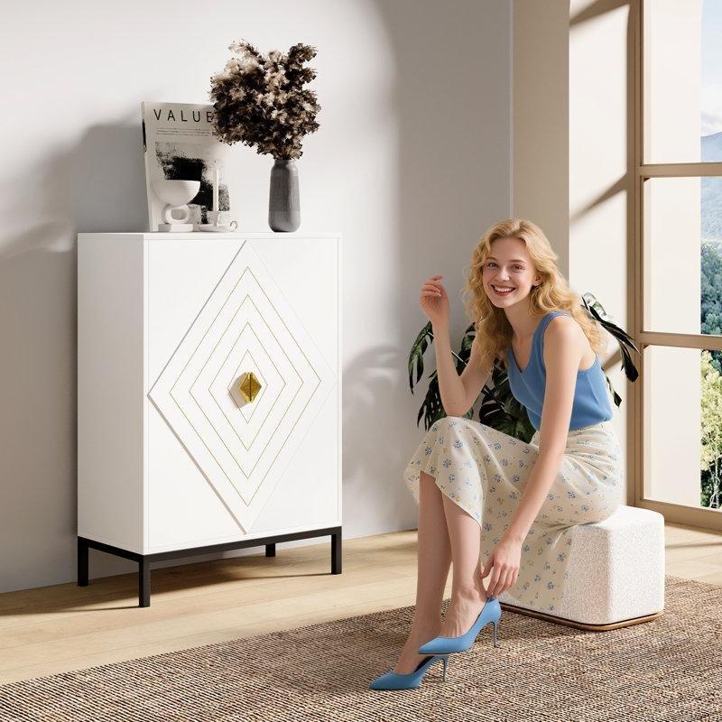 Beyaz MDF Gold Kulplu 5 Raflı Kapaklı Ayakkabılık Dolabı - 75x40x110 cm - 228872