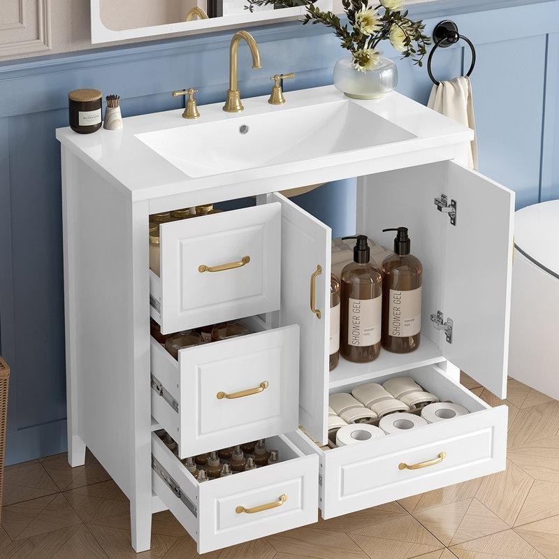 Beyaz MDF Gold Kulplu Çekmeceli Ayaklı Banyo Lavabo Dolabı - 92 cm - 198607