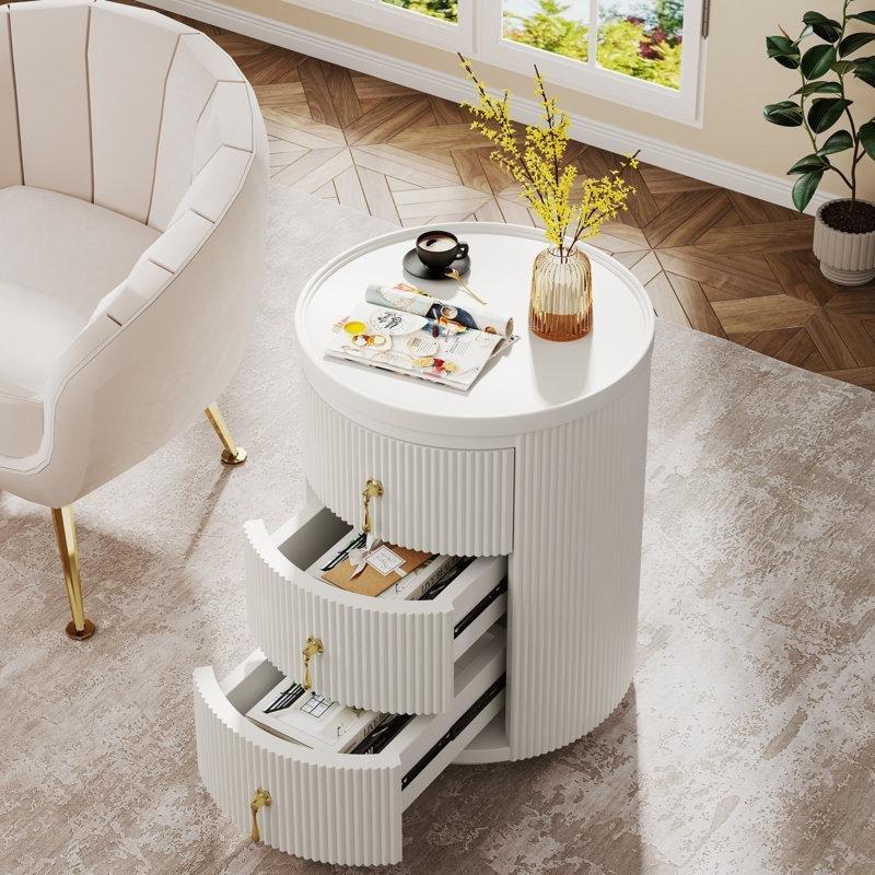 Beyaz MDF Gold Kulplu Yivli Oval Üç Çekmeceli Komodin - 41 cm - 223989