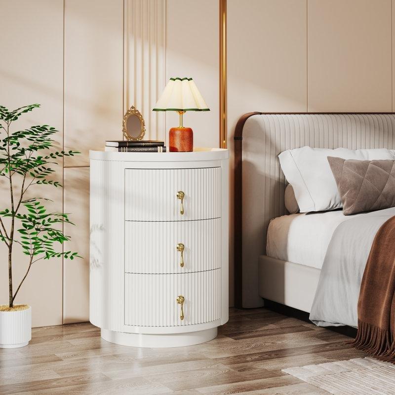 Beyaz MDF Gold Kulplu Yivli Oval Üç Çekmeceli Komodin - 41 cm - 223989