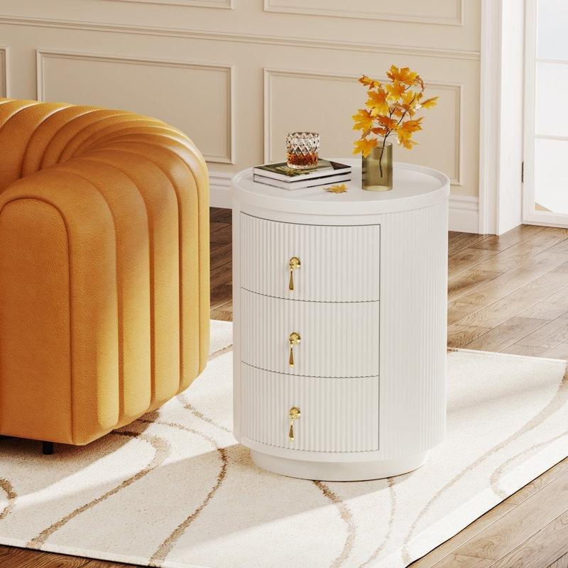 Beyaz MDF Gold Kulplu Yivli Oval Üç Çekmeceli Komodin - 41 cm - 223989