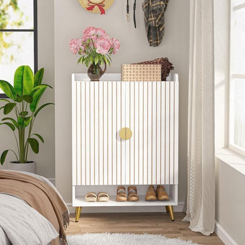 Beyaz MDF Gold Metal Ayaklı Kapaklı Ayakkabılık - 75x38x110 cm - 230131