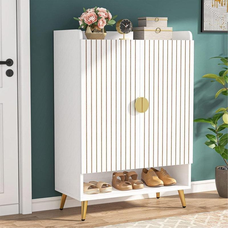 Beyaz MDF Gold Metal Ayaklı Kapaklı Ayakkabılık - 75x38x110 cm - 230131