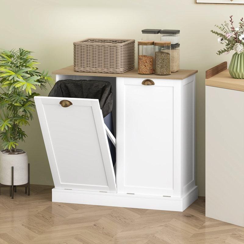 Beyaz MDF İki Bölmeli Çıkarılabilir Sepetli Shaker Kapaklı Dolaplı Çamaşır Sepeti - 84 cm - 187358