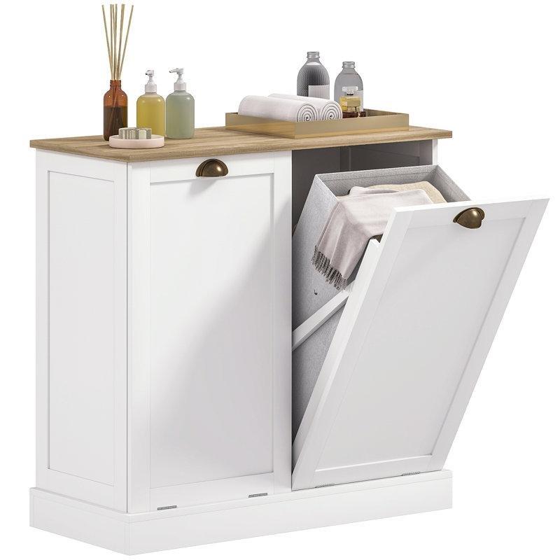 Beyaz MDF İki Bölmeli Çıkarılabilir Sepetli Shaker Kapaklı Dolaplı Çamaşır Sepeti - 84 cm - 187358