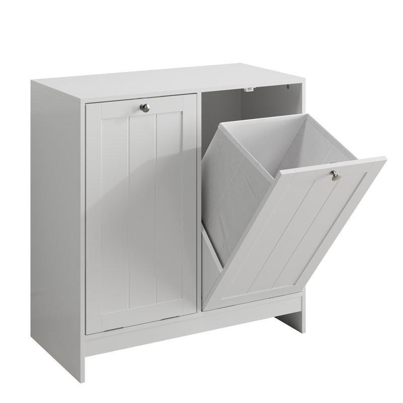 Beyaz MDF İki Bölmeli Devrilebilir Kapaklı Dolaplı Çamaşir Sepeti - 66 cm - 187320