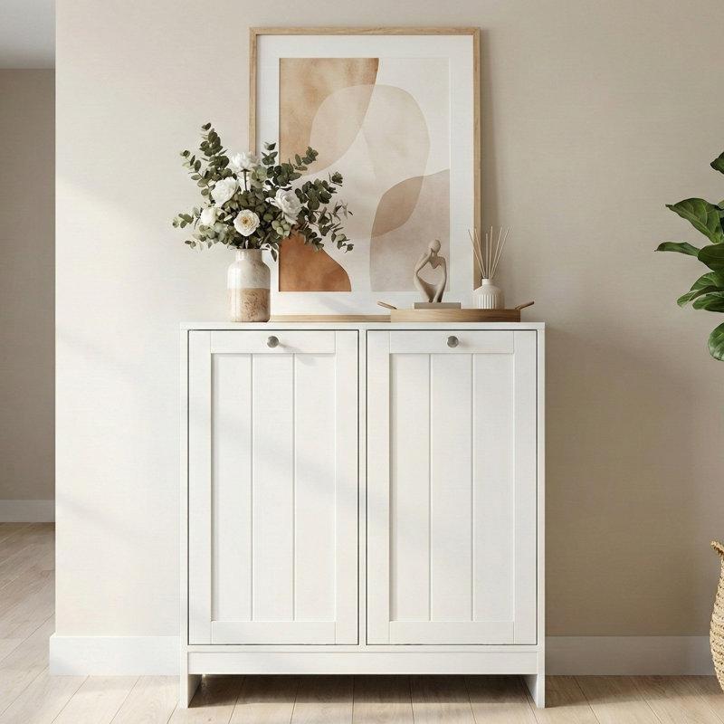 Beyaz MDF İki Bölmeli Devrilebilir Kapaklı Dolaplı Çamaşir Sepeti - 66 cm - 187320