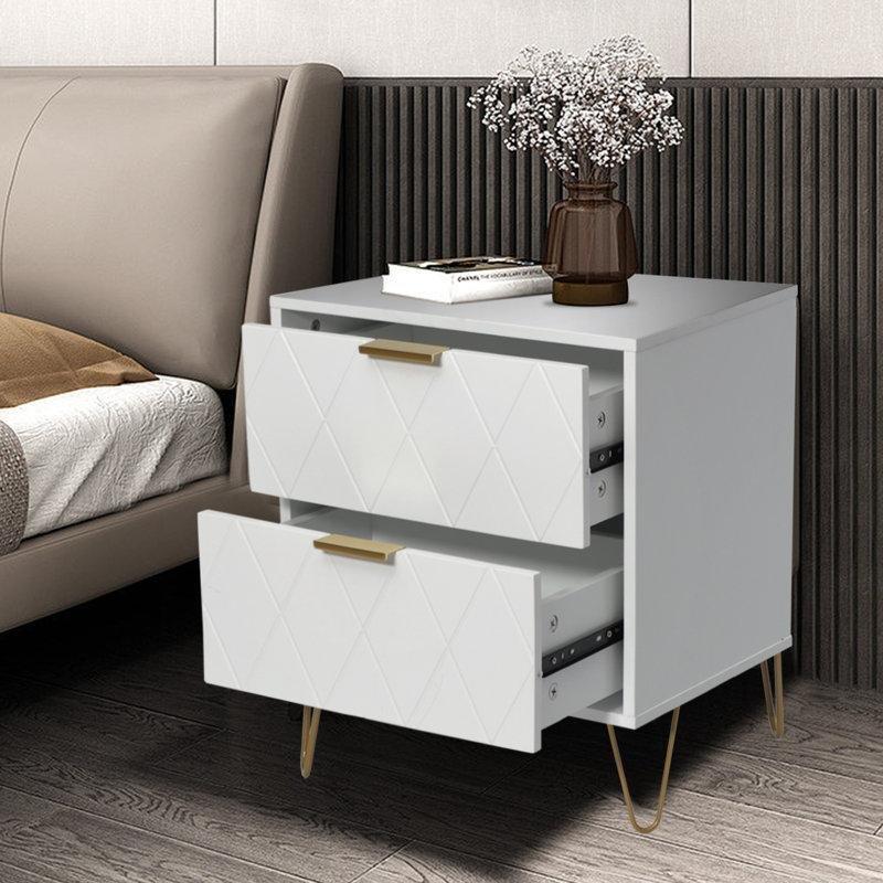 Beyaz MDF İki Çekmeceli Metal Kulplu İkili Set Komodin - 40 cm - 224016