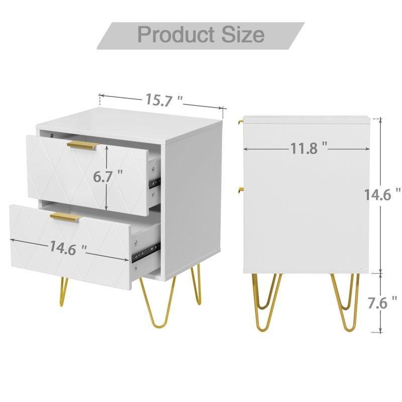 Beyaz MDF İki Çekmeceli Metal Kulplu İkili Set Komodin - 40 cm - 224016