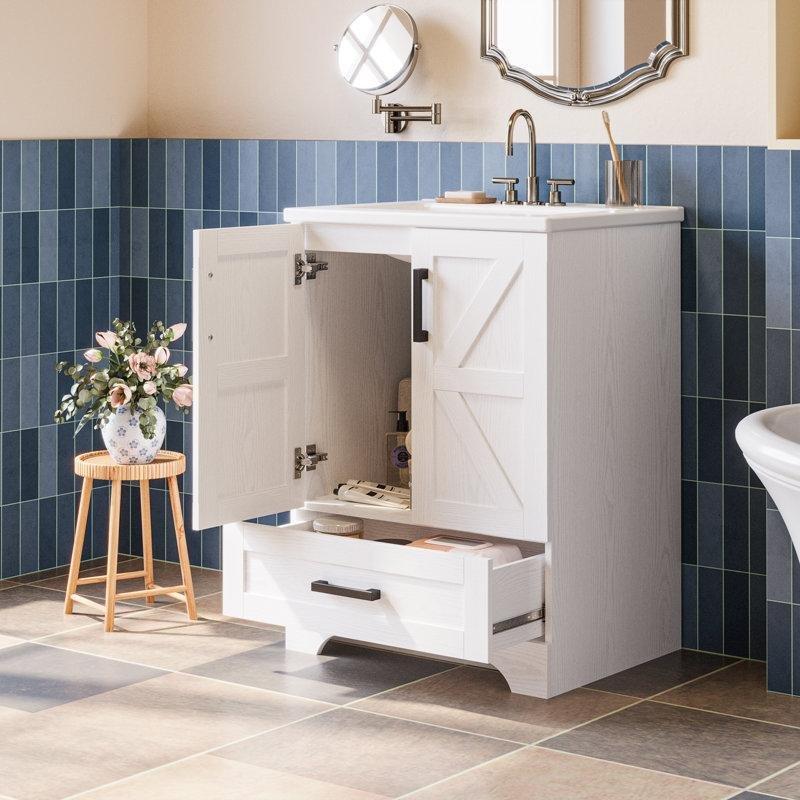 Beyaz MDF Kır Evi Tarzı Çekmeceli Banyo Lavabo Dolabı - 60 cm - 198365