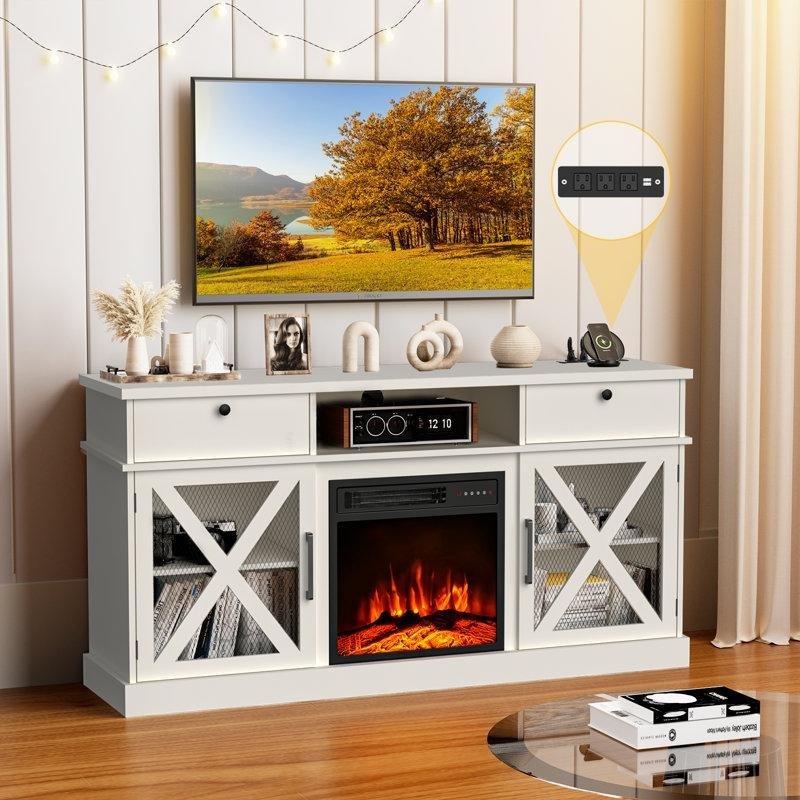 Beyaz MDF Kır Evi Tasarım Uzaktan Kumandalı Şömineli TV Ünitesi - 148 cm - 220205