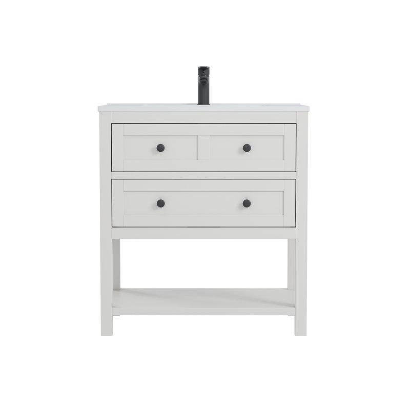 Beyaz MDF Kompozit Tezgahlı ve Açık Raflı Banyo Lavabo Dolabı - 76 cm - 198289