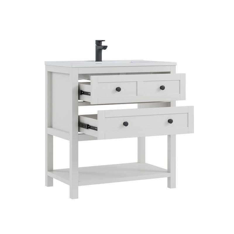 Beyaz MDF Kompozit Tezgahlı ve Açık Raflı Banyo Lavabo Dolabı - 76 cm - 198289