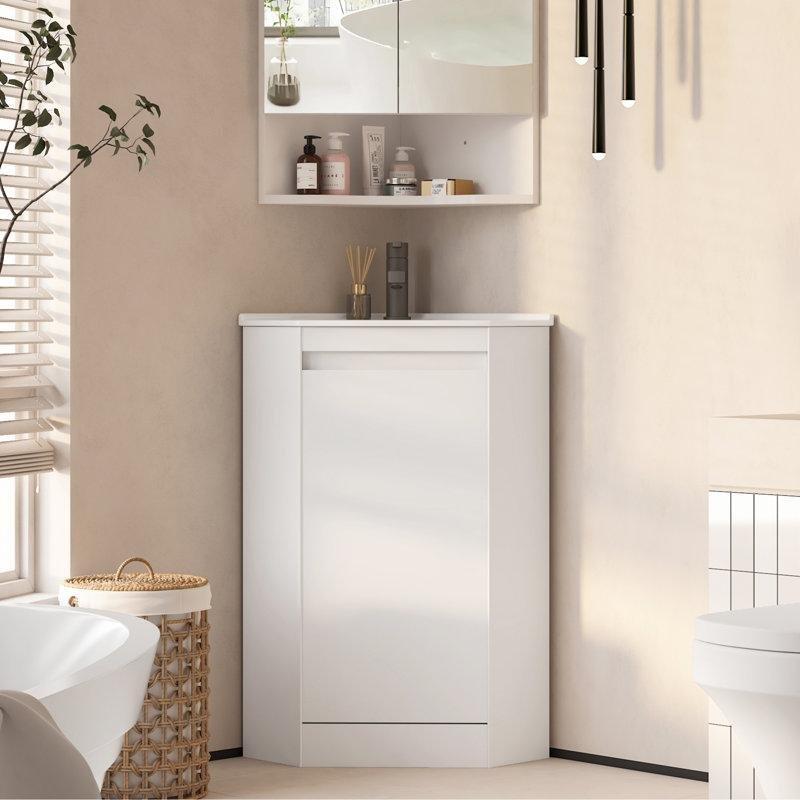 Beyaz MDF Köşe Entegre Lavabolu Banyo Dolabı - 61 cm - 198695