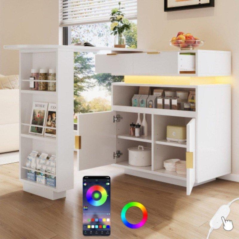 Beyaz MDF LED Aydınlatmalı Açılır Raflı Bar Masası - 115-183x40x100 cm - 232155