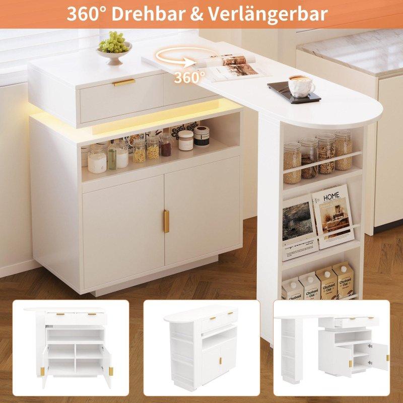 Beyaz MDF LED Aydınlatmalı Açılır Raflı Dolaplı Bar Masası - 115-183x40x100 cm - 232324