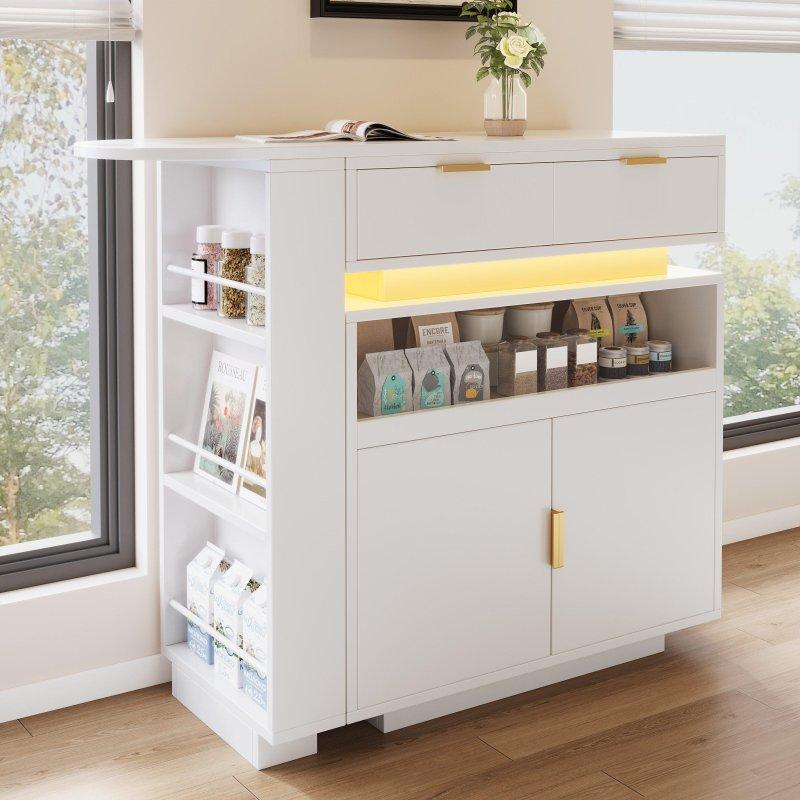 Beyaz MDF LED Aydınlatmalı Açılır Raflı Dolaplı Bar Masası - 115-183x40x100 cm - 232324