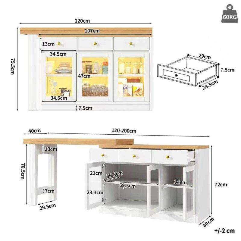 Beyaz MDF LED Aydınlatmalı Dolaplı Açılır Bar Masası - 120-200 cm - 232485