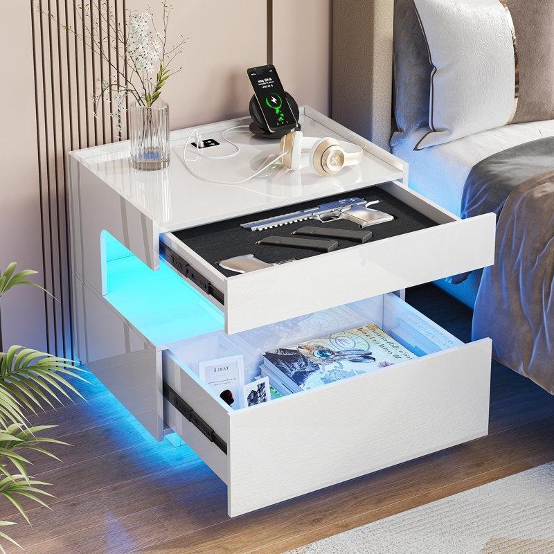 Beyaz MDF LED Aydınlatmalı USB Şarj Portlu 2 Çekmeceli Komodin - 55 cm - 223330