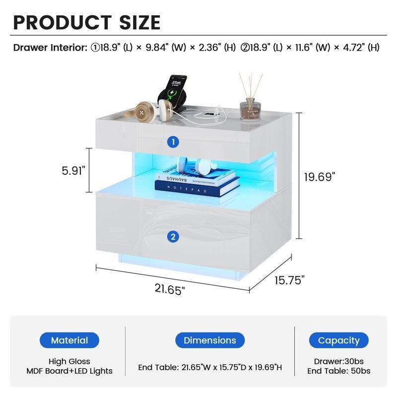 Beyaz MDF LED Aydınlatmalı USB Şarj Portlu 2 Çekmeceli Komodin - 55 cm - 223330