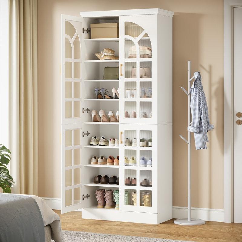 Beyaz MDF LED Işıklı 8 Raflı Kapaklı Ayakkabılık Dolabı - 176x77x32 cm - 229086