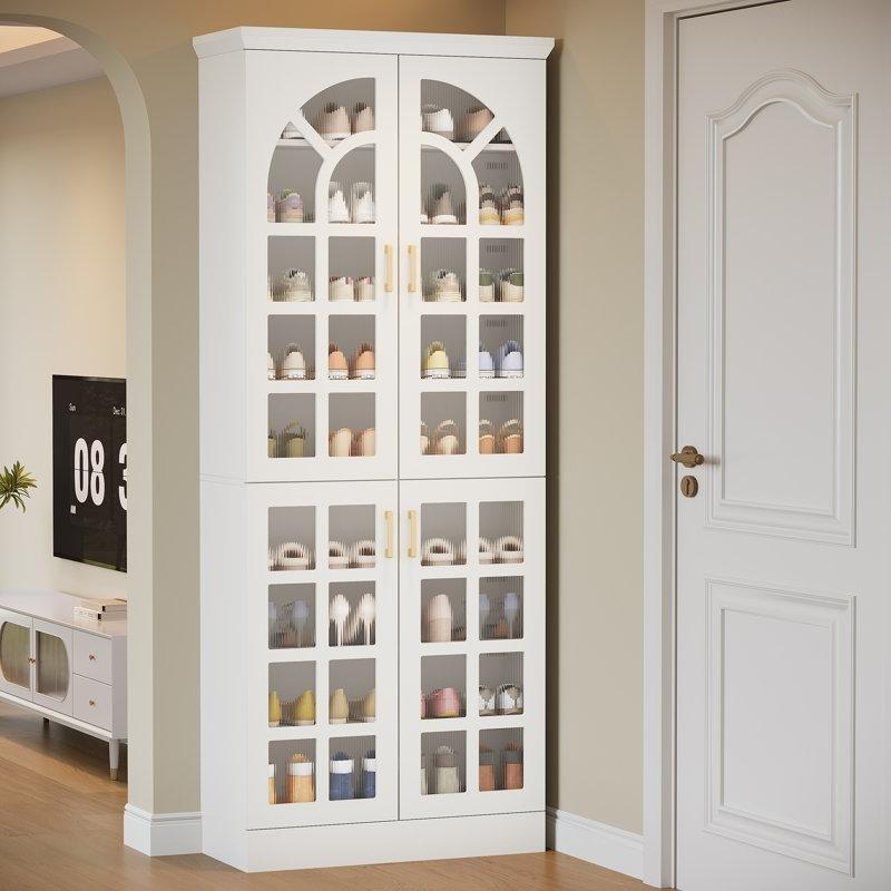 Beyaz MDF LED Işıklı 8 Raflı Kapaklı Ayakkabılık Dolabı - 176x77x32 cm - 229086