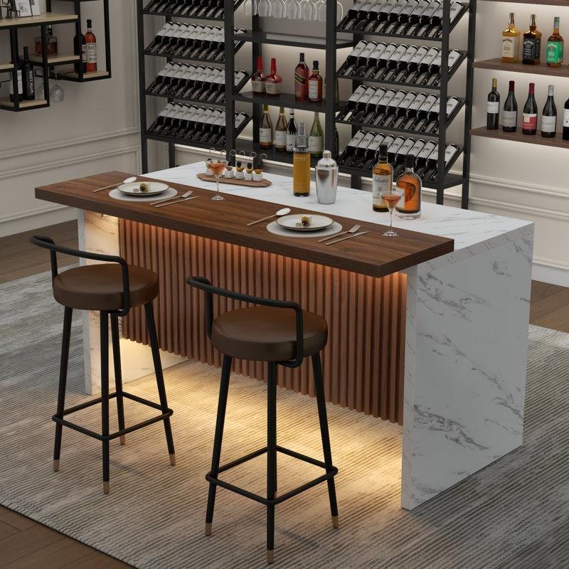 Beyaz MDF LED Işıklı Mermer Desenli Çift Ayaklı Bar Masası - 161 cm - 231303