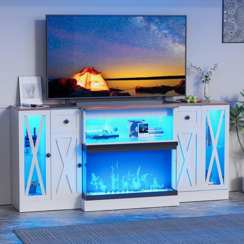 Beyaz MDF LED Işıklı Panoramik Camlı Elektrikli Şömineli Tv Ünitesi - 178 cm - 220419