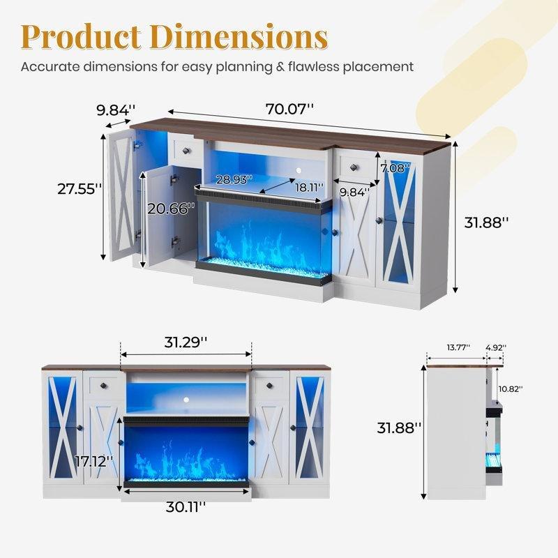Beyaz MDF LED Işıklı Panoramik Camlı Elektrikli Şömineli Tv Ünitesi - 178 cm - 220419