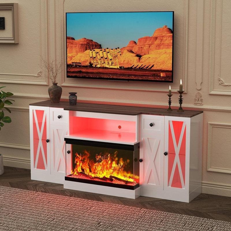 Beyaz MDF LED Işıklı Panoramik Camlı Elektrikli Şömineli Tv Ünitesi - 178 cm - 220419